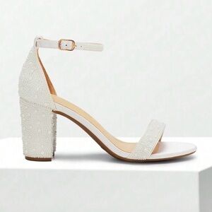 Embellished White Ankle-Strap Block Heel Sandal